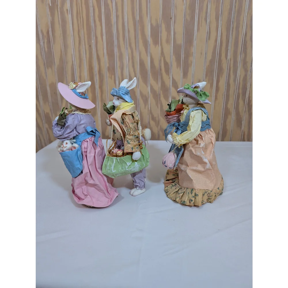 Vintage Paper Mache / Resin Easter Bunny Figurines Set of 6 (1 missing foot)
